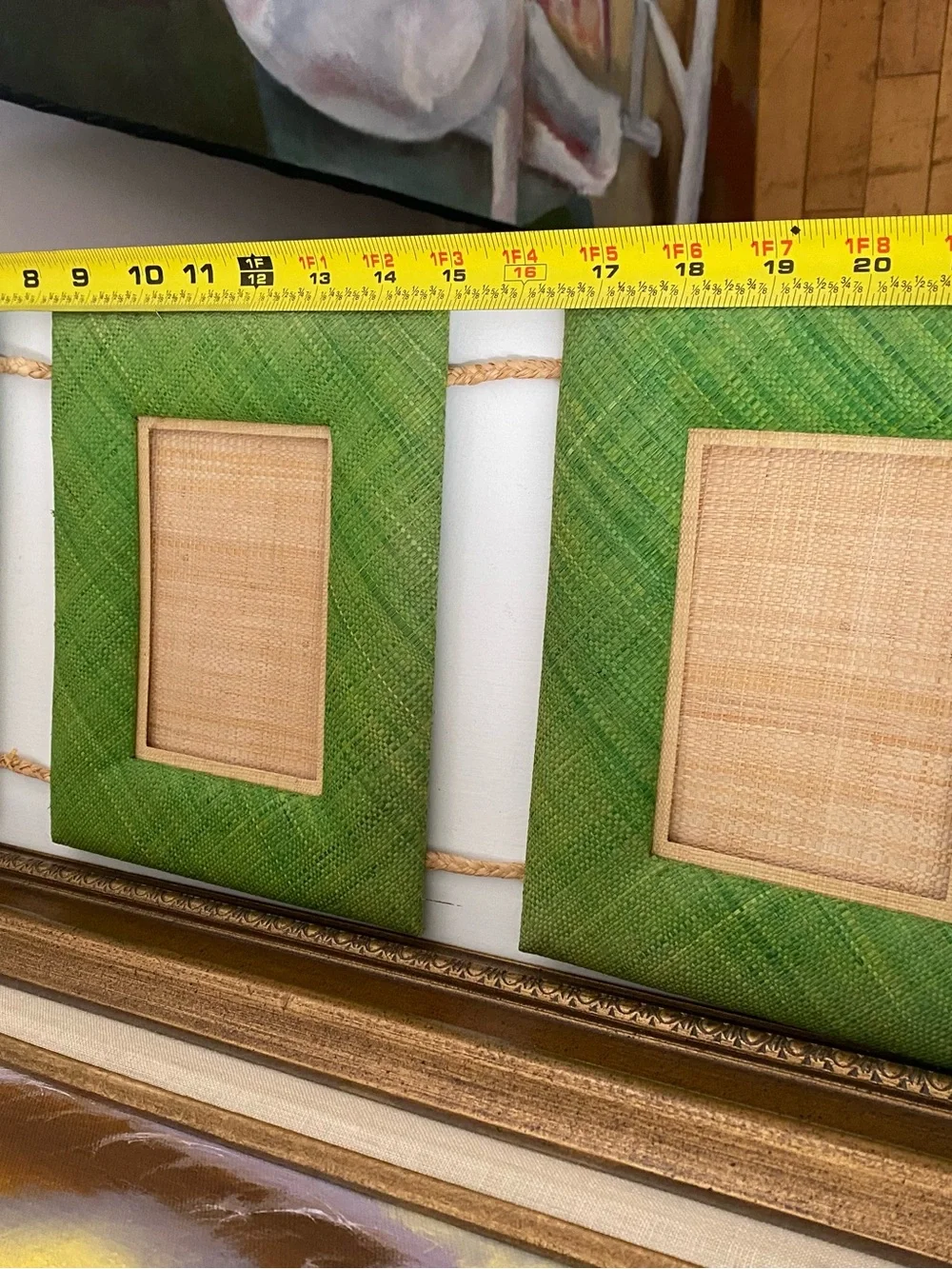 Boho Green Woven Straw Hanging Triple Picture Frame Natural Fiber Raffia